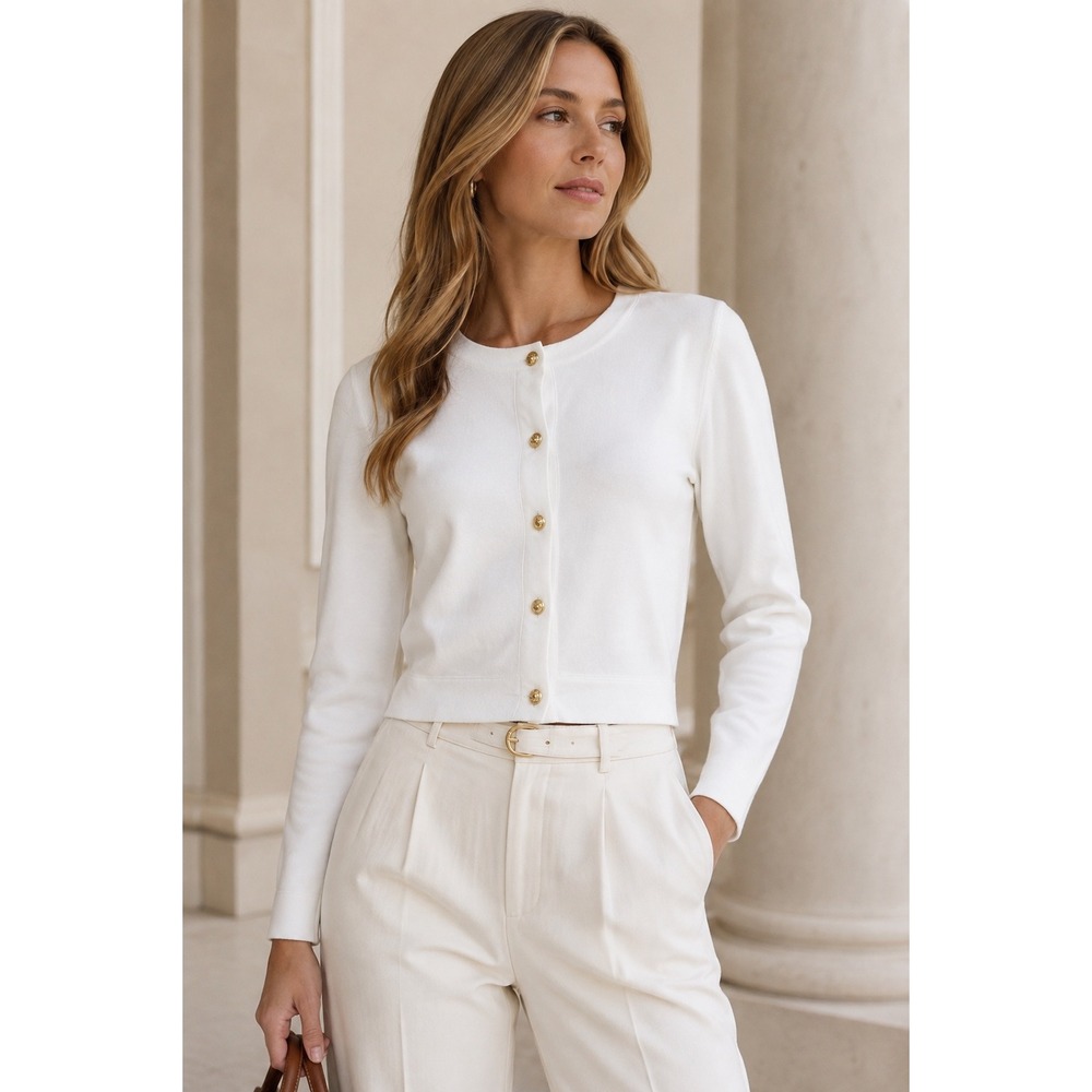 Escada White Cardigan Luxury Sweater Jacket Gold Button Scalloped Trim Sz Small